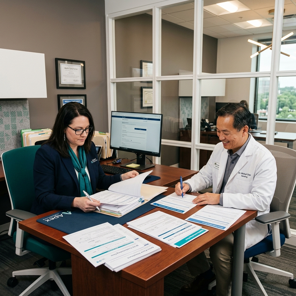Credentialing specialist reviewing insurance enrollment paperwork for healthcare providers