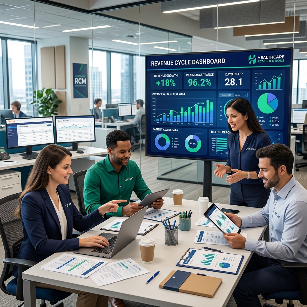 Revenue Cycle Management specialists at Revive Medical Billing reviewing healthcare billing dashboards and financial reports